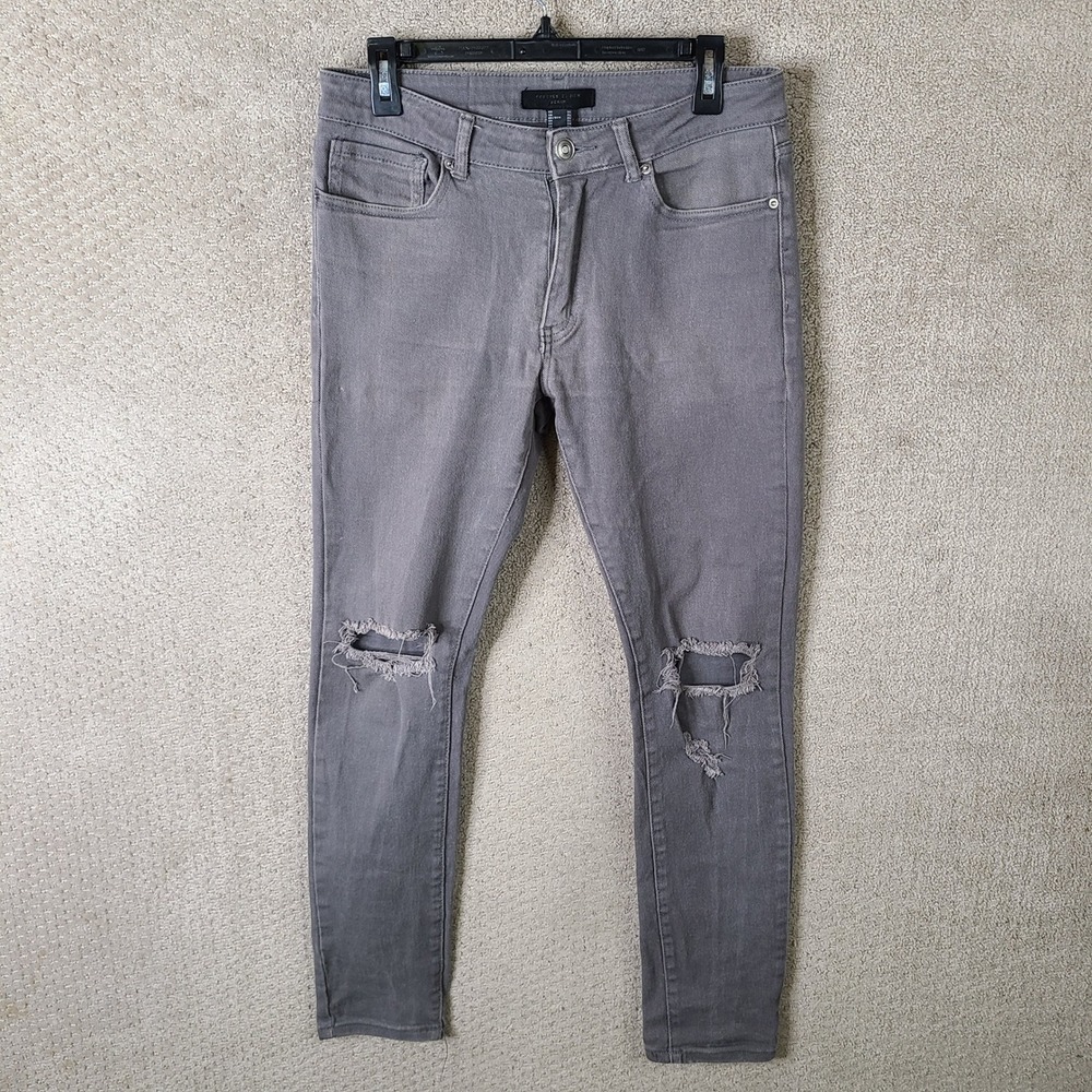 Forever 21 Jeans Mens 31x30‎ Gray Distressed Skinny Stretch Ripped Knee Denim